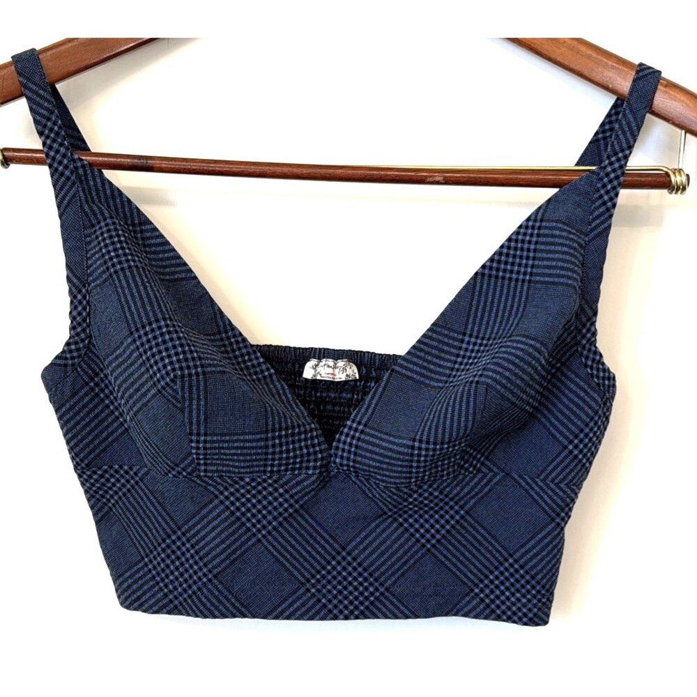 Free People Plaid Gingham Cropped Top XS Blue Black Preppy Milkmaid Peasant Boho
